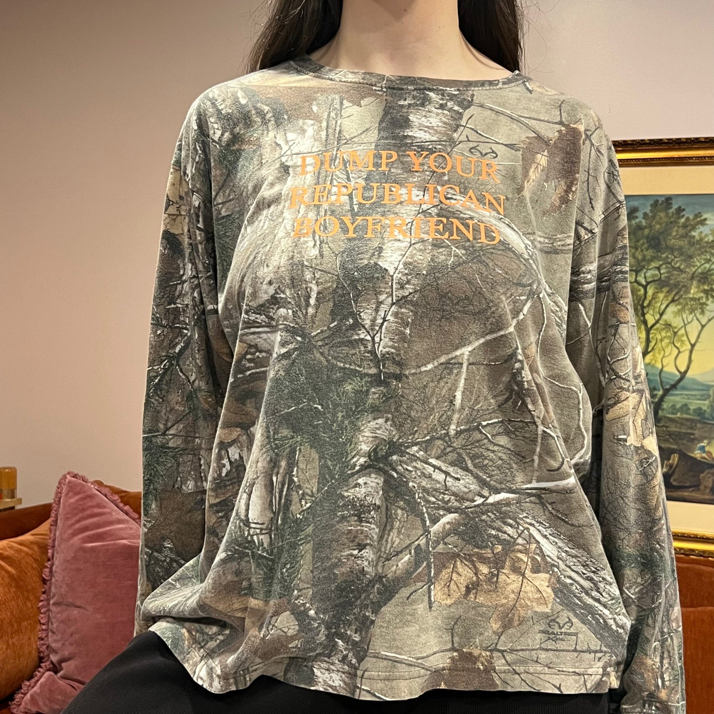 DUMP YOUR REPUBLICAN BOYFRIEND camo long sleeve t-shirt with orange text (XL)