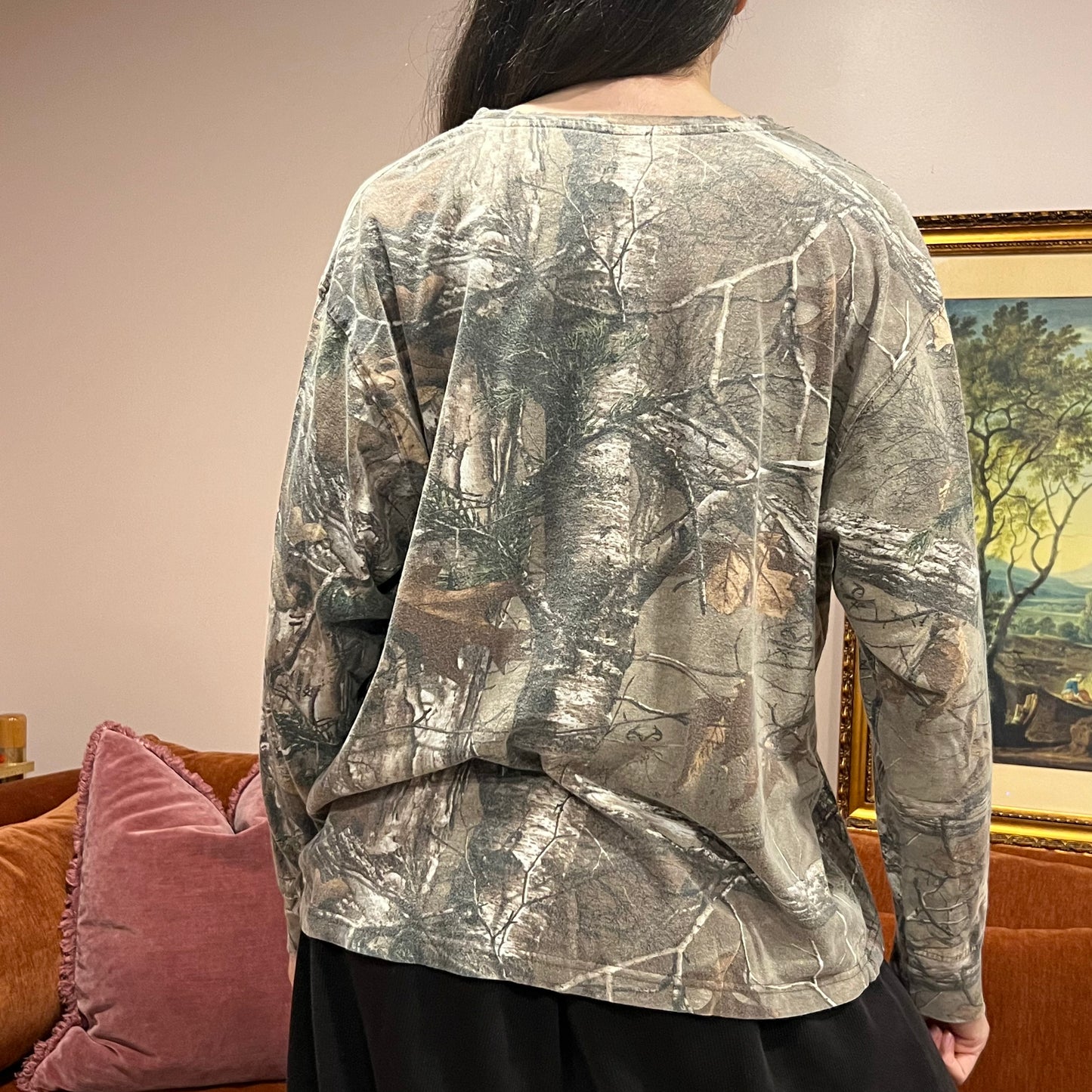 DUMP YOUR REPUBLICAN BOYFRIEND camo long sleeve t-shirt with orange text (XL)