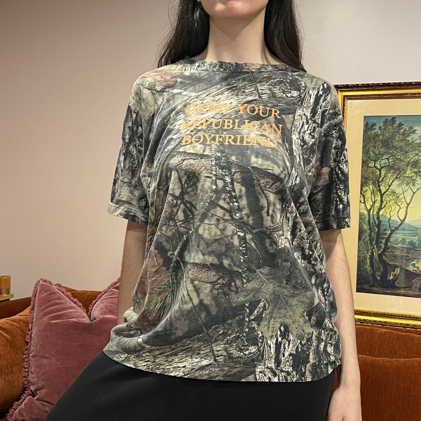 DUMP YOUR REPUBLICAN BOYFRIEND camo t-shirt with orange text (XL)