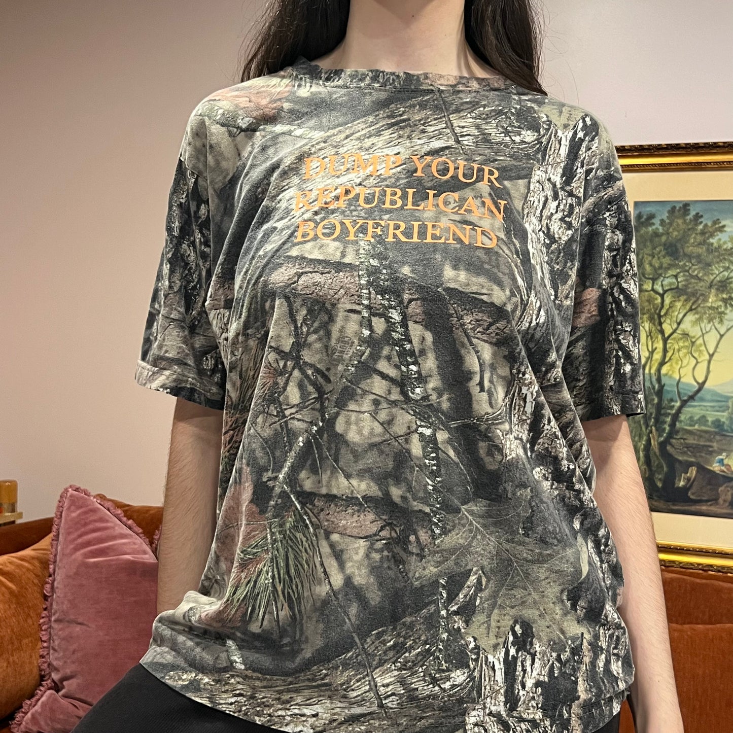 DUMP YOUR REPUBLICAN BOYFRIEND camo t-shirt with orange text (XL)