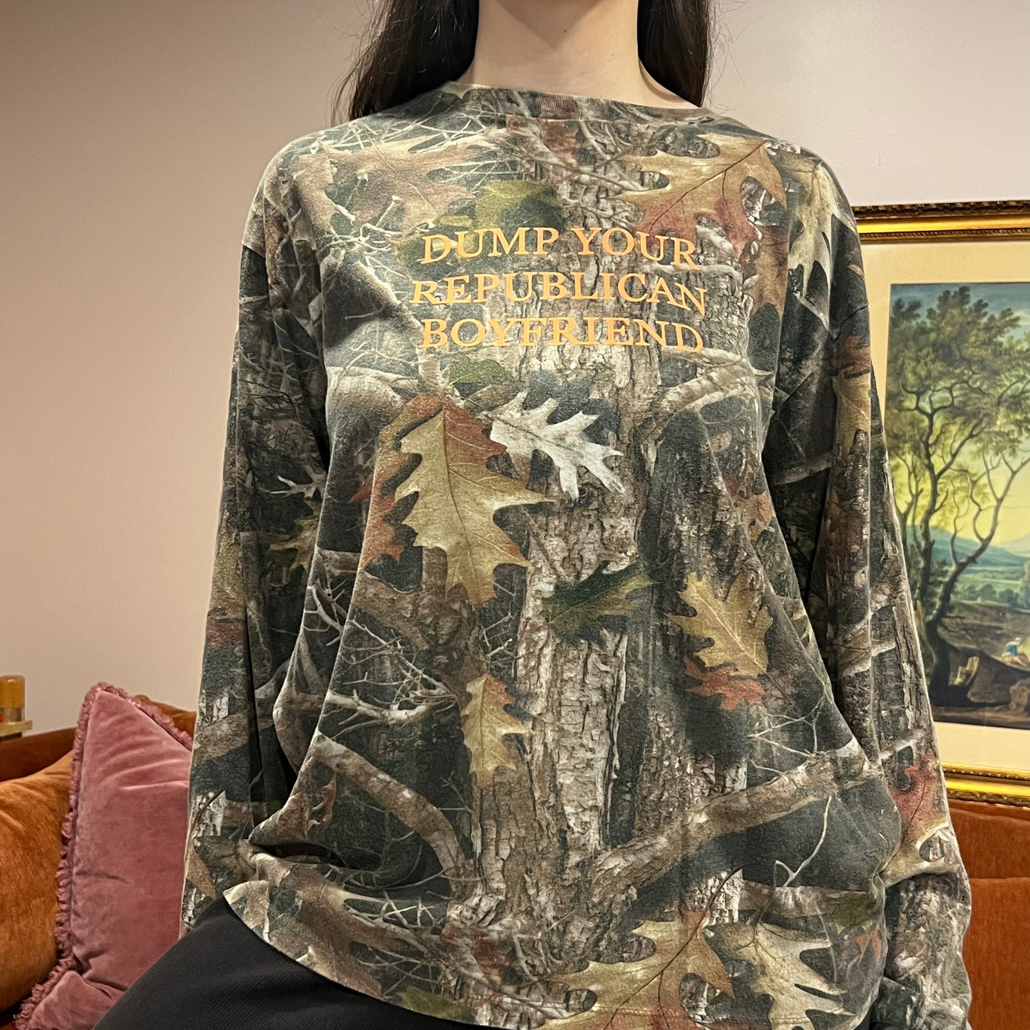 DUMP YOUR REPUBLICAN BOYFRIEND camo long sleeve t-shirt with orange text (XL)