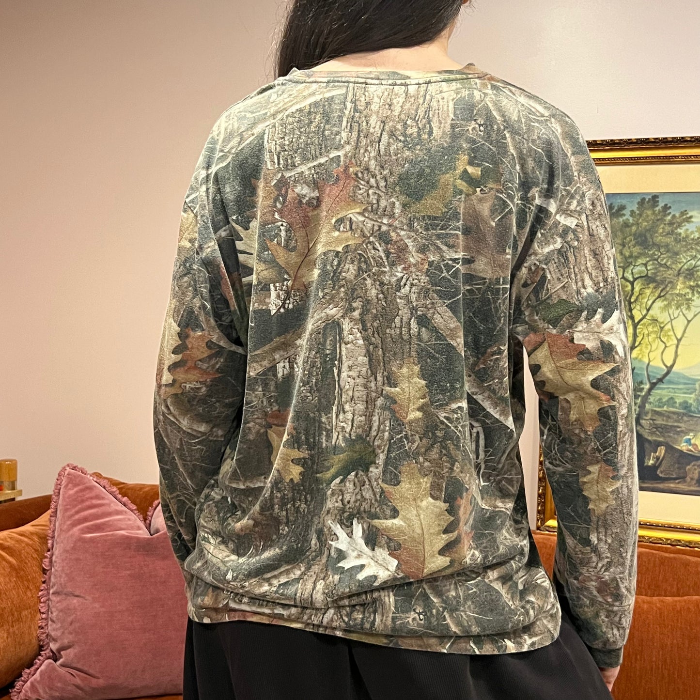 DUMP YOUR REPUBLICAN BOYFRIEND camo long sleeve t-shirt with orange text (XL)