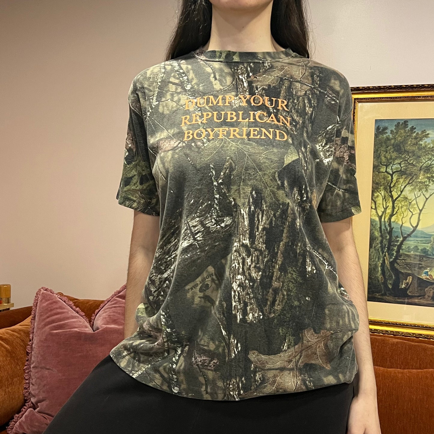 DUMP YOUR REPUBLICAN BOYFRIEND camo t-shirt with orange text (L)