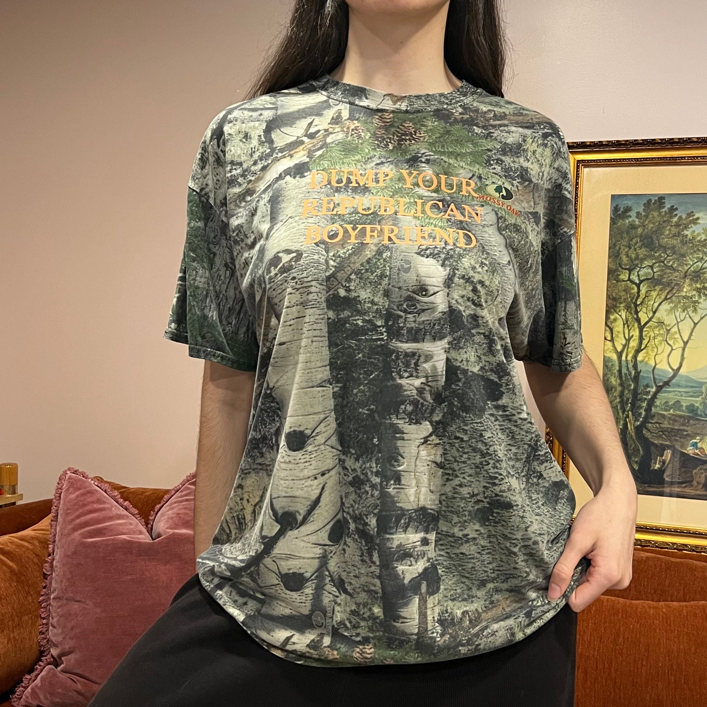 DUMP YOUR REPUBLICAN BOYFRIEND camo t-shirt with orange text (XL)