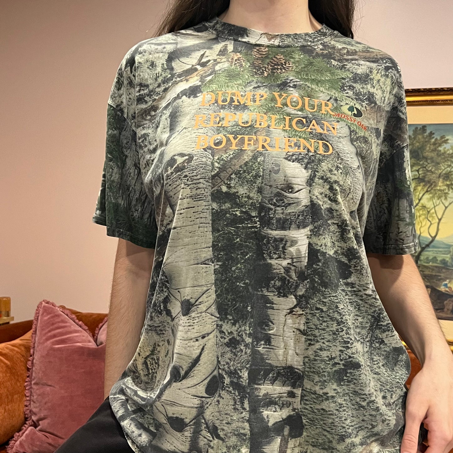 DUMP YOUR REPUBLICAN BOYFRIEND camo t-shirt with orange text (XL)