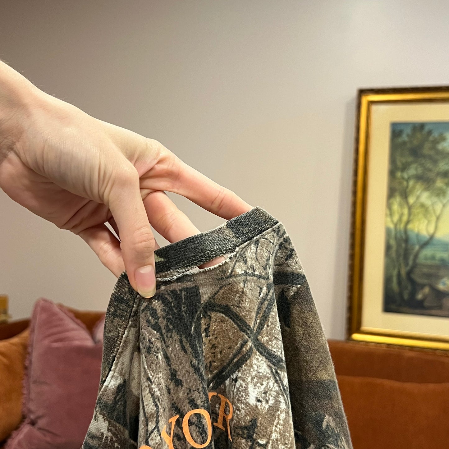 DUMP YOUR REPUBLICAN BOYFRIEND camo t-shirt with orange text (XL)