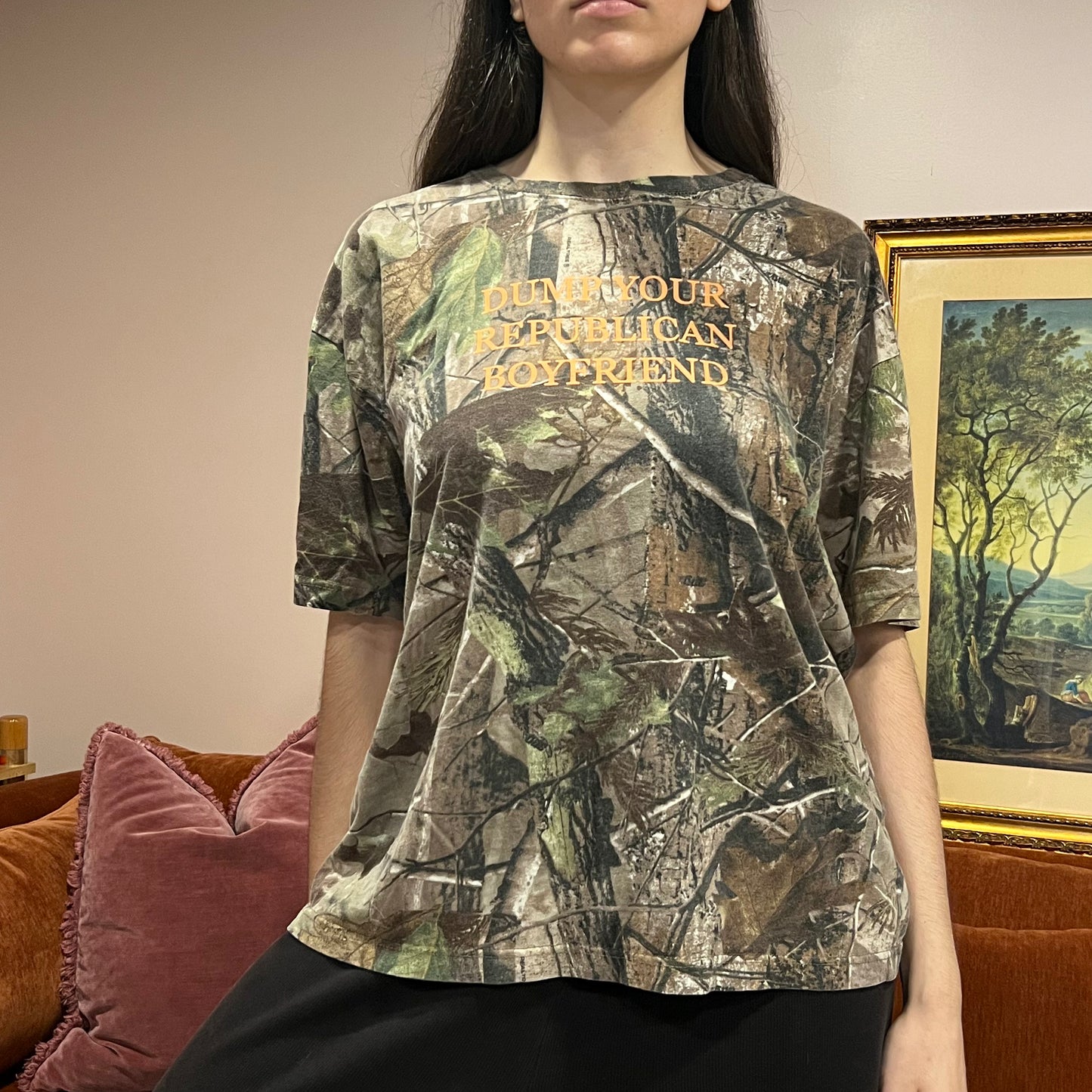 DUMP YOUR REPUBLICAN BOYFRIEND camo t-shirt with orange text (XL)