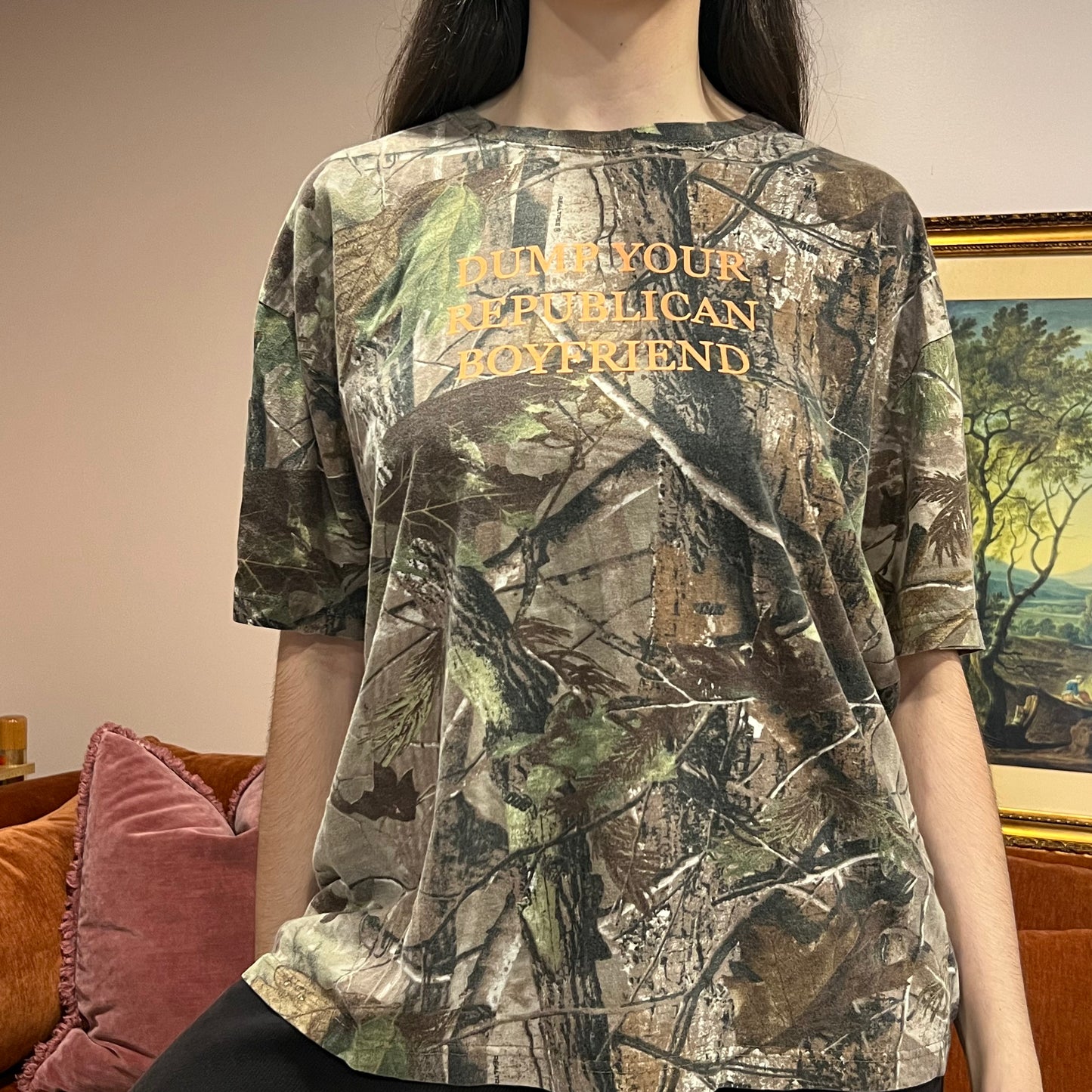 DUMP YOUR REPUBLICAN BOYFRIEND camo t-shirt with orange text (XL)