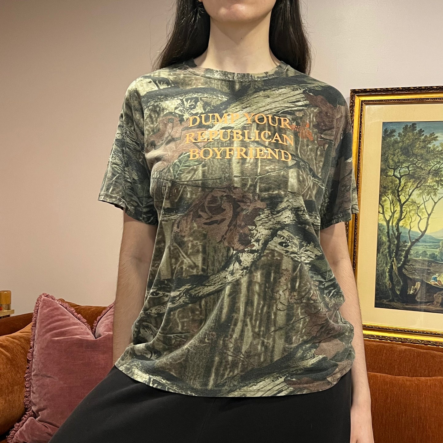 DUMP YOUR REPUBLICAN BOYFRIEND camo t-shirt with orange text (L)