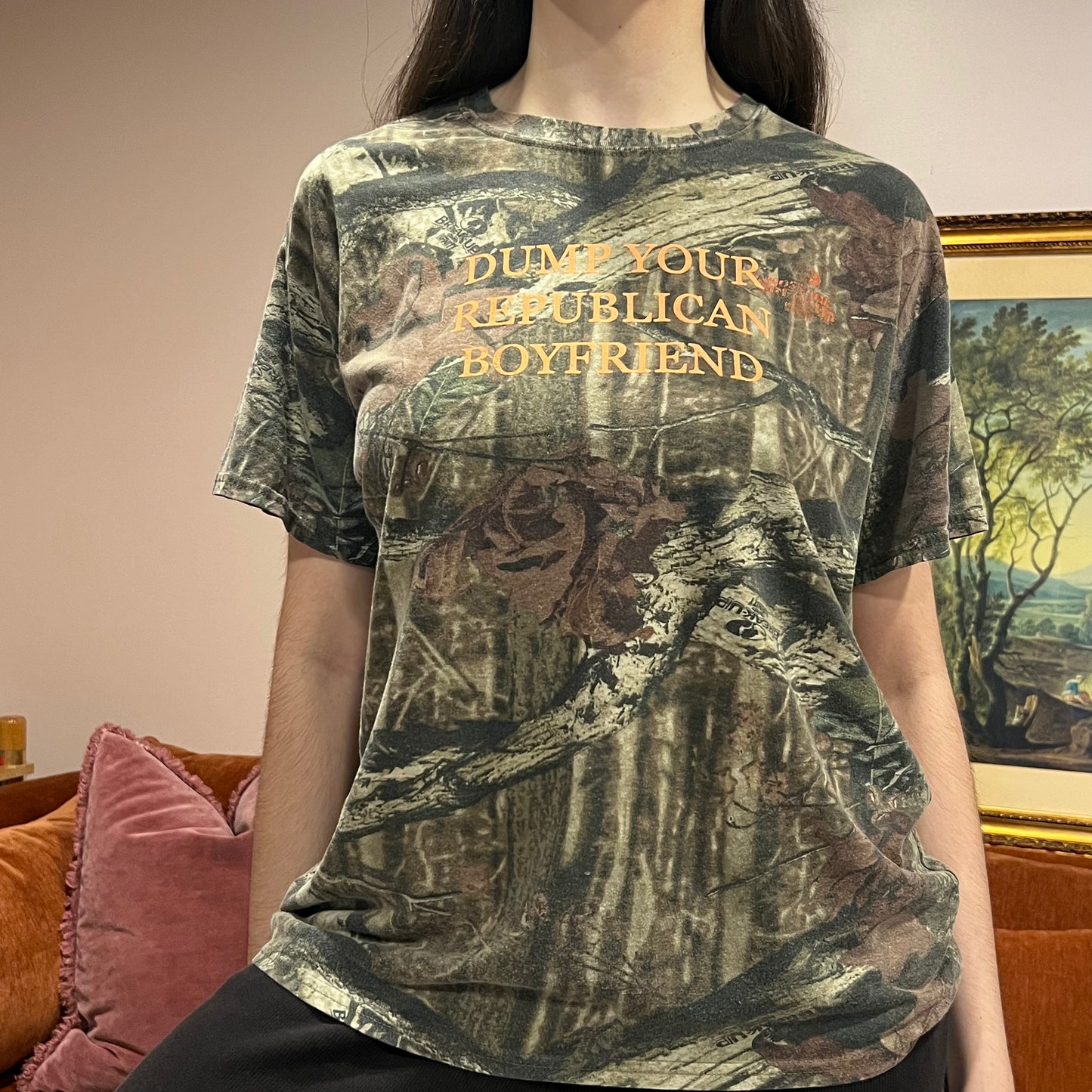 DUMP YOUR REPUBLICAN BOYFRIEND camo t-shirt with orange text (L)