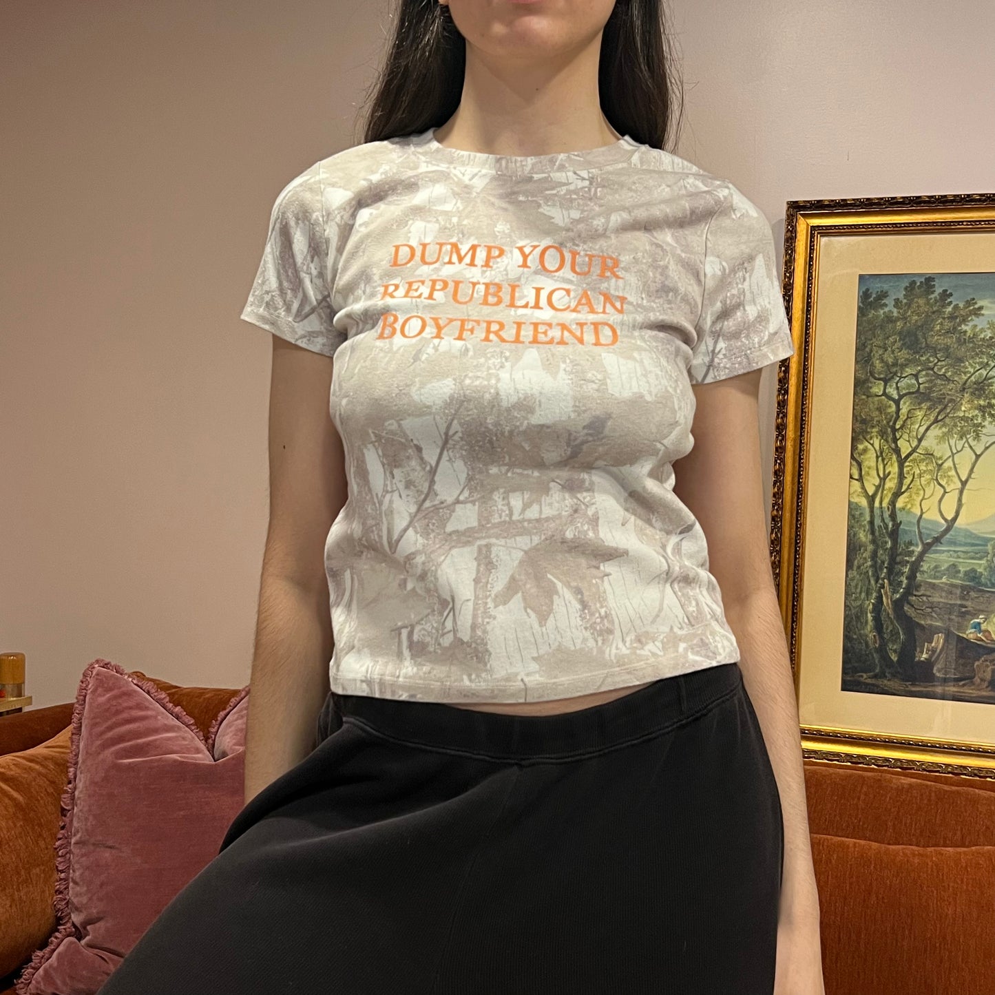 DUMP YOUR REPUBLICAN BOYFRIEND white camo t-shirt with orange text (L)