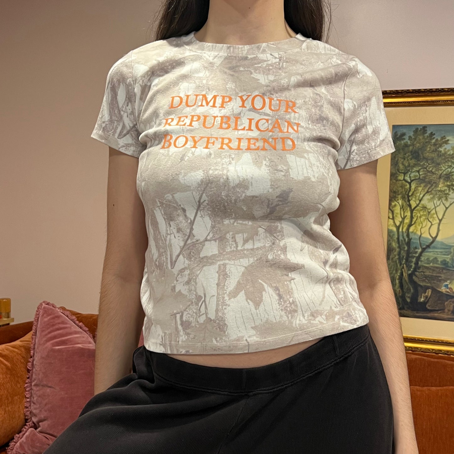 DUMP YOUR REPUBLICAN BOYFRIEND white camo t-shirt with orange text (L)