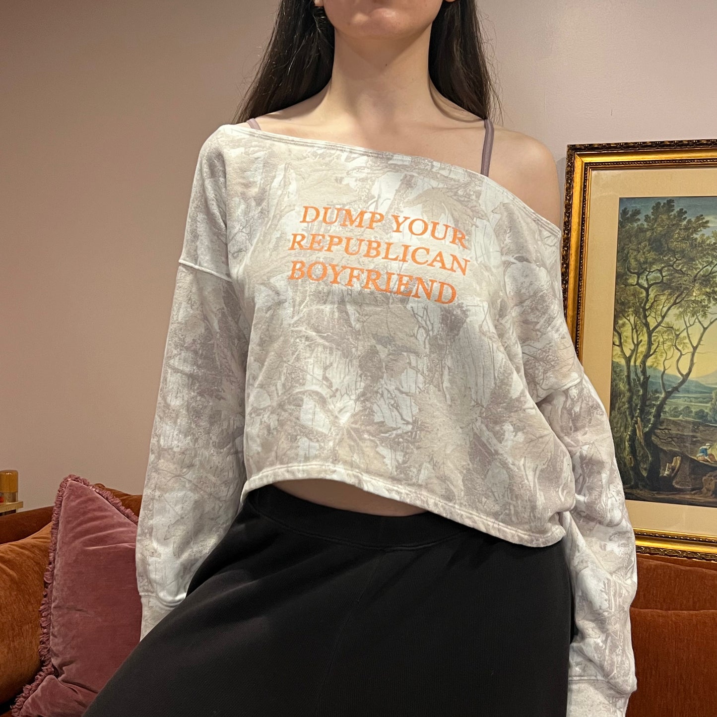 DUMP YOUR REPUBLICAN BOYFRIEND white camo crewneck with orange text (M)