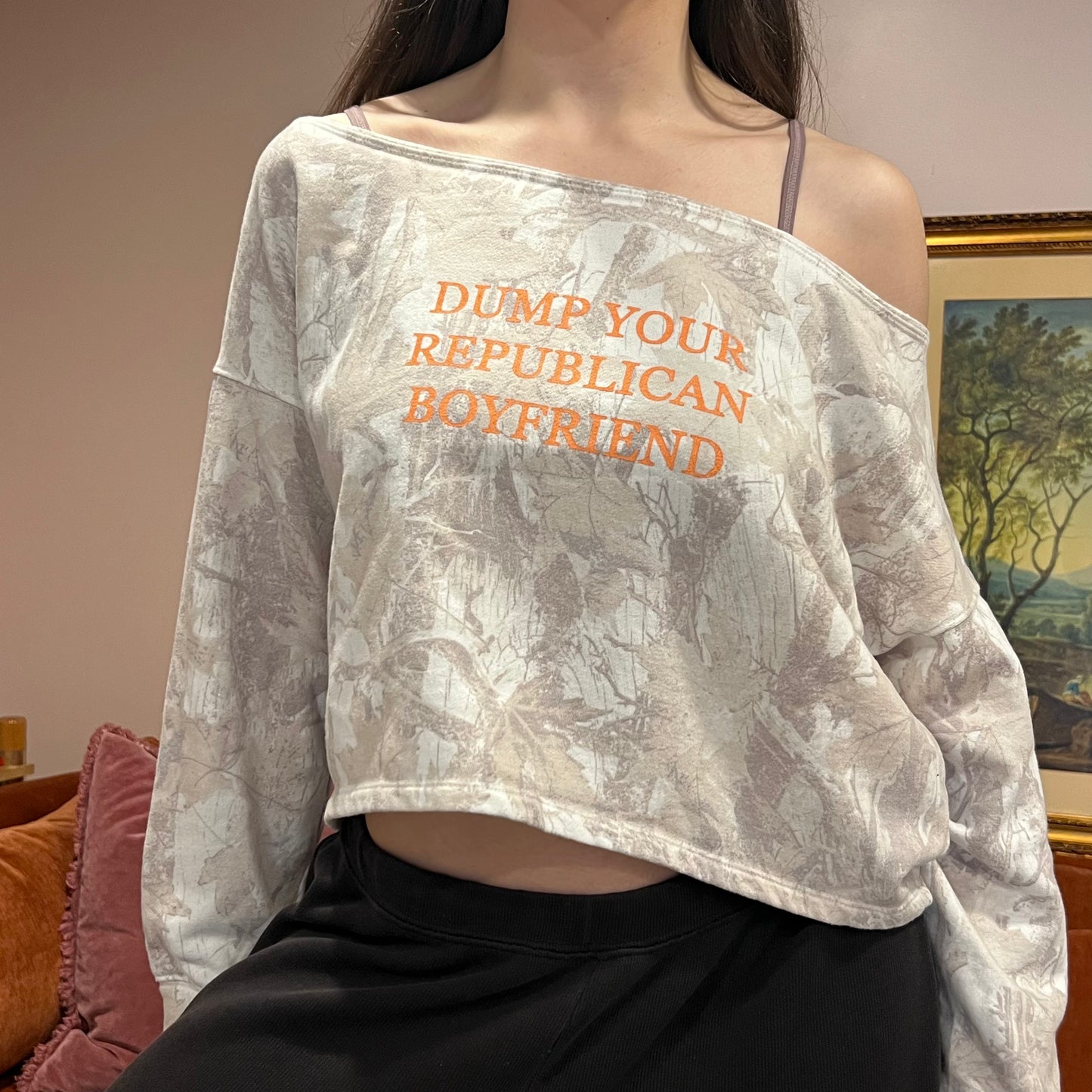 DUMP YOUR REPUBLICAN BOYFRIEND white camo crewneck with orange text (M)