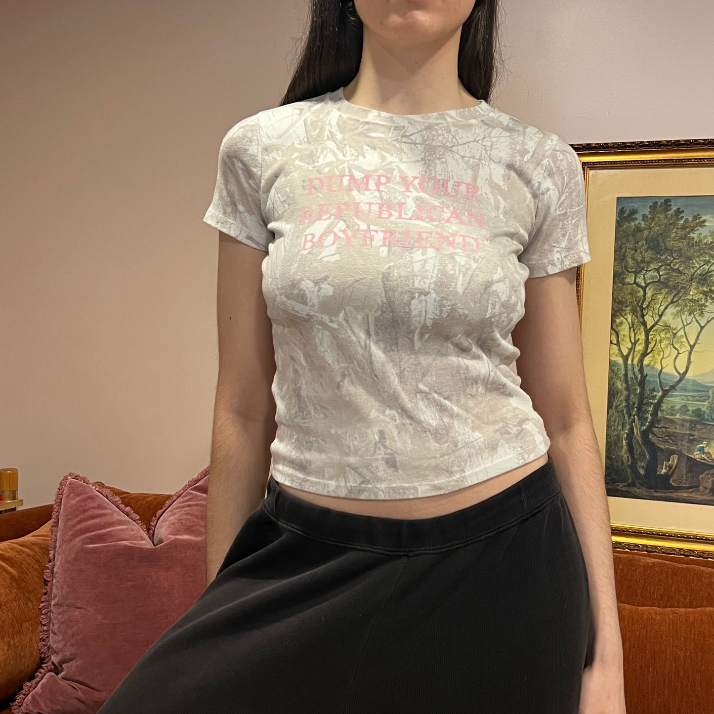 DUMP YOUR REPUBLICAN BOYFRIEND white camo t-shirt with pink text (M)