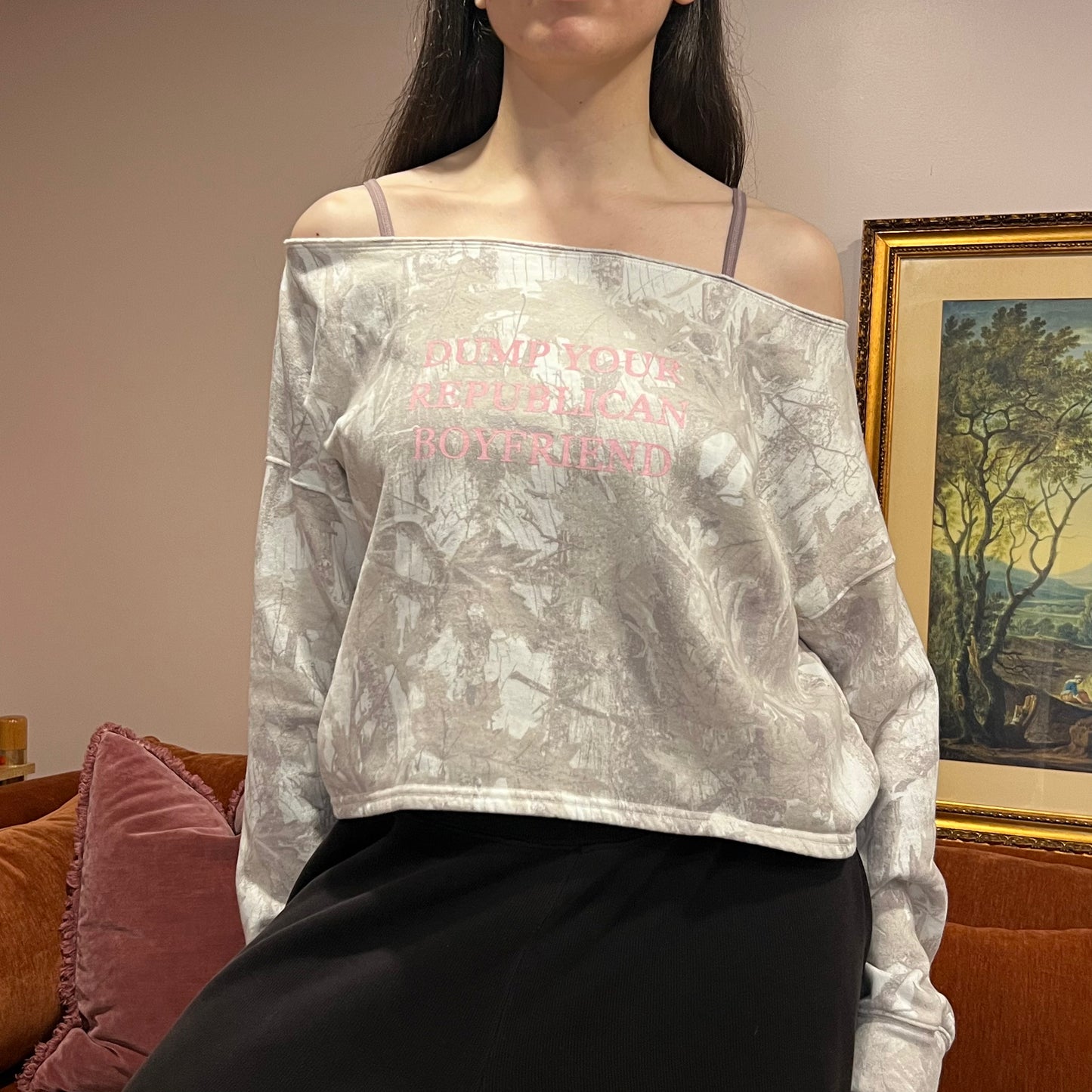 DUMP YOUR REPUBLICAN BOYFRIEND white camo crewneck with pink text (M)
