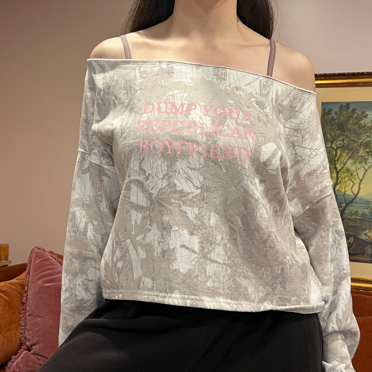 DUMP YOUR REPUBLICAN BOYFRIEND white camo crewneck with pink text (M)