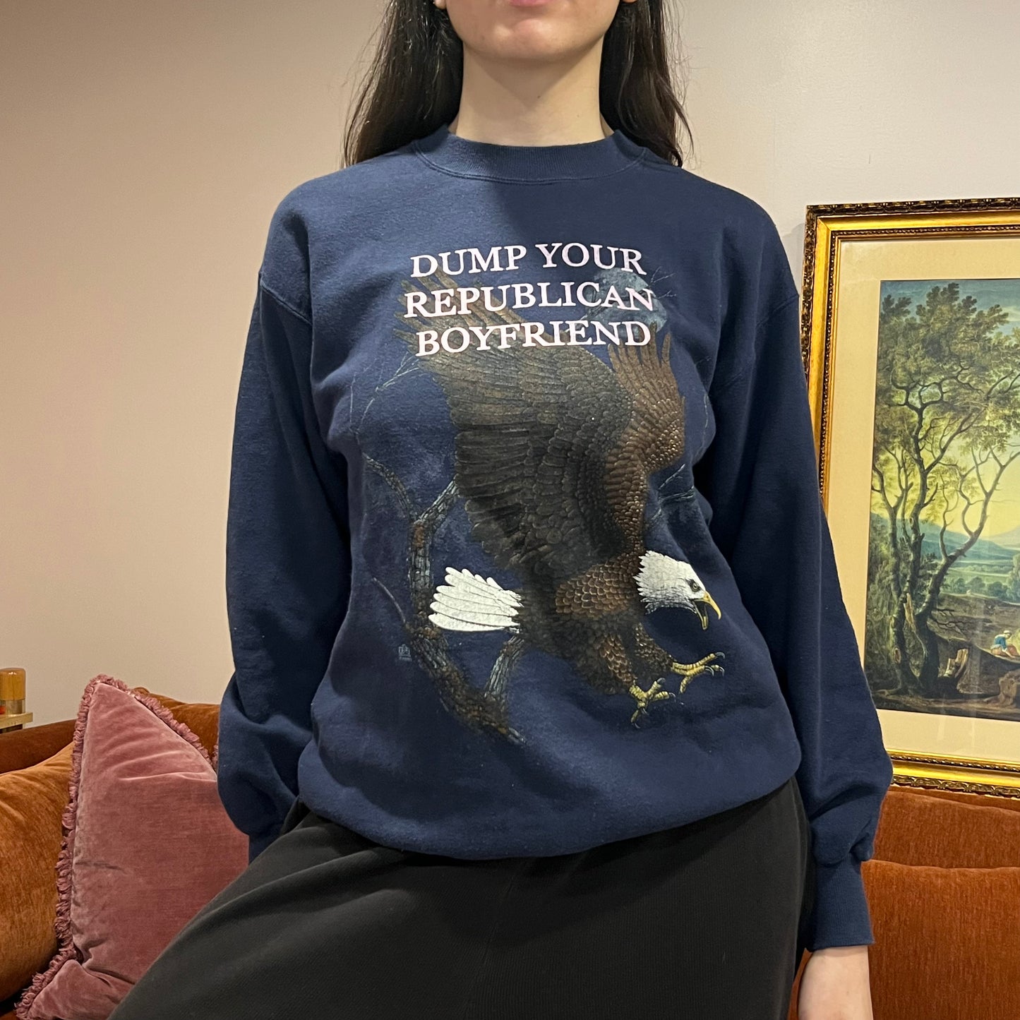 DUMP YOUR REPUBLICAN BOYFRIEND animal crewneck with pink text (L)