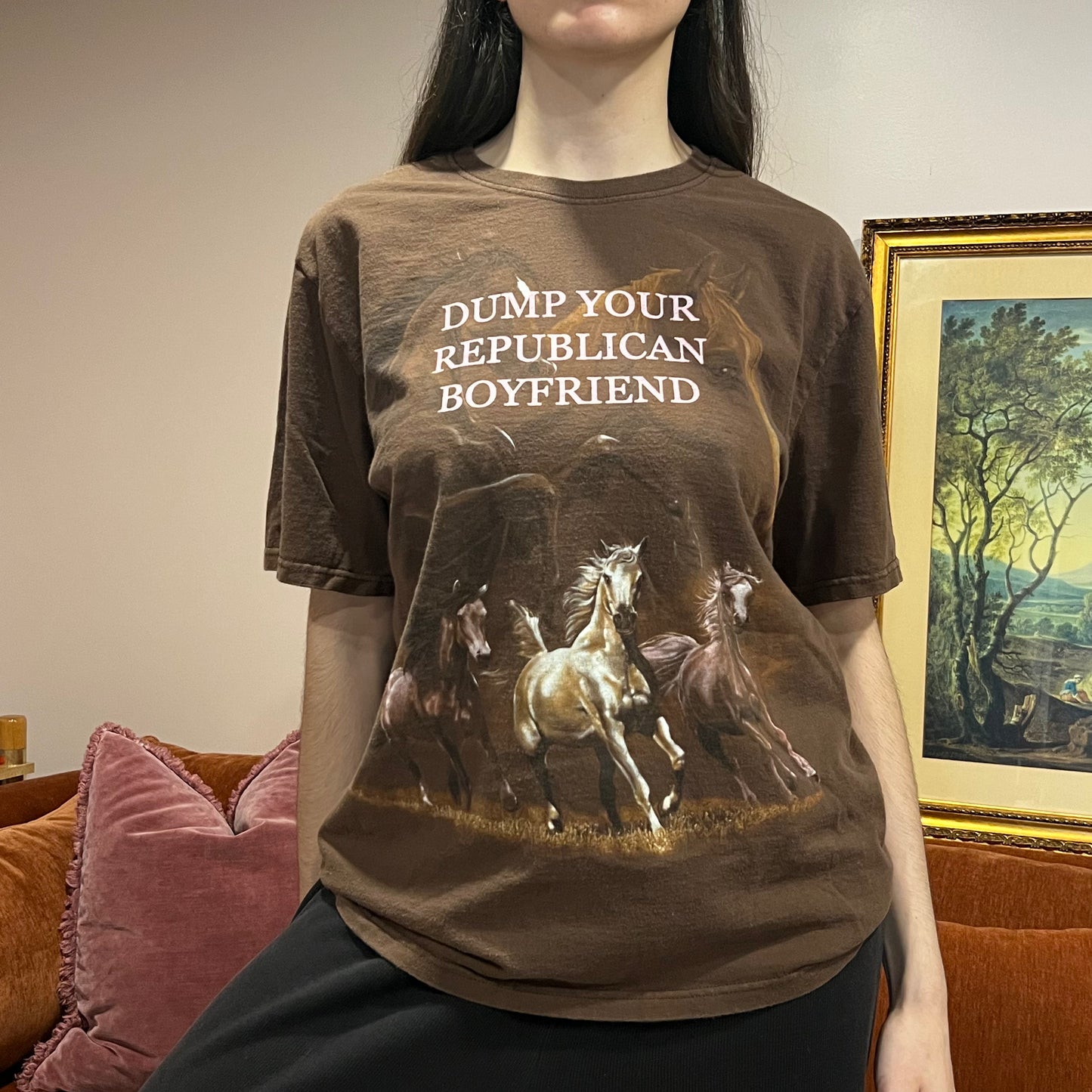 DUMP YOUR REPUBLICAN BOYFRIEND animal t-shirt with pink text (L)
