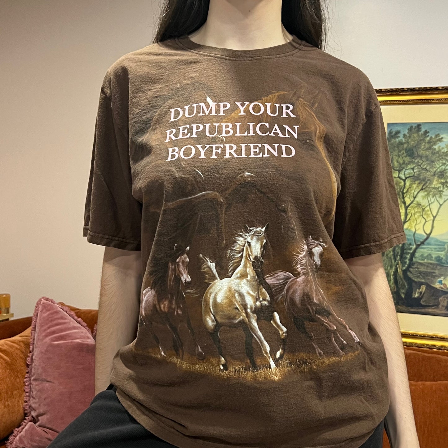 DUMP YOUR REPUBLICAN BOYFRIEND animal t-shirt with pink text (L)