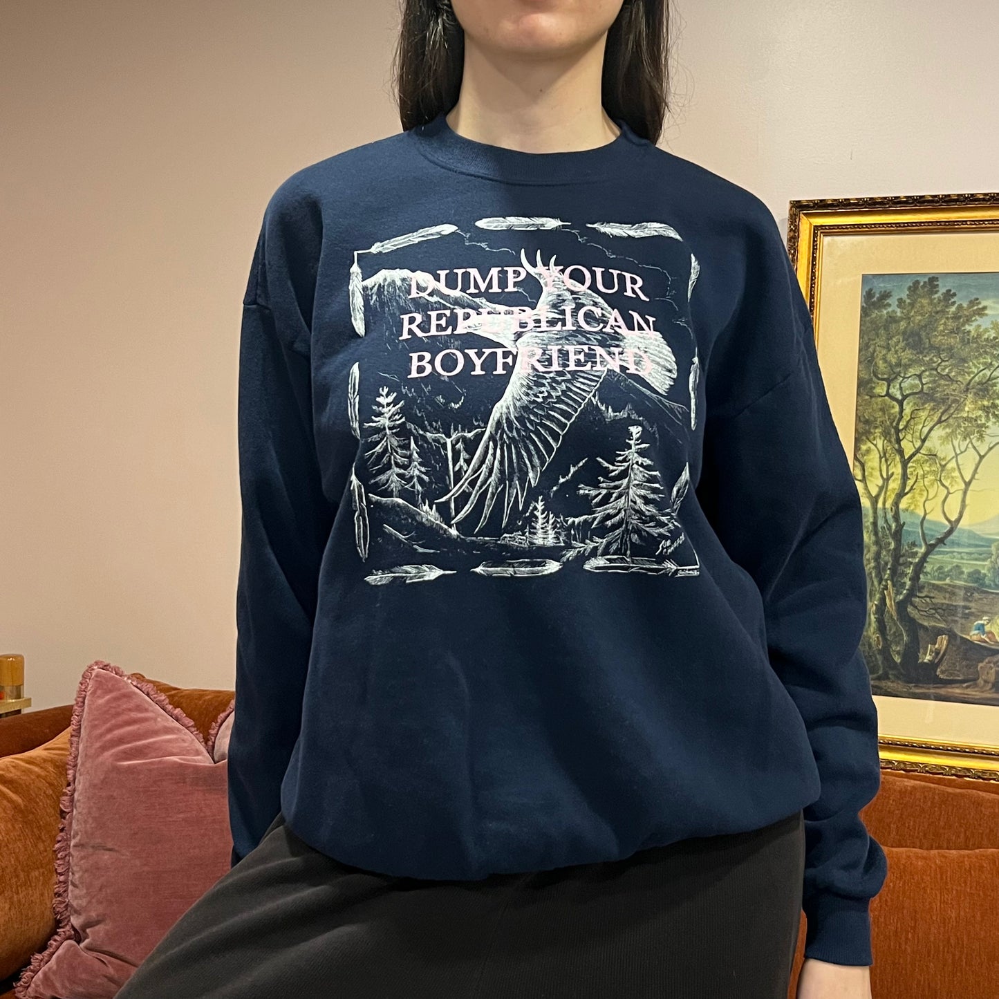 DUMP YOUR REPUBLICAN BOYFRIEND animal crewneck with pink text (XL)