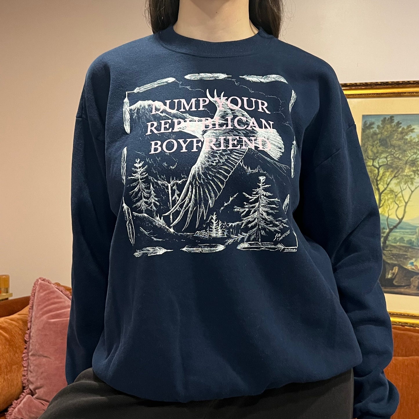 DUMP YOUR REPUBLICAN BOYFRIEND animal crewneck with pink text (XL)