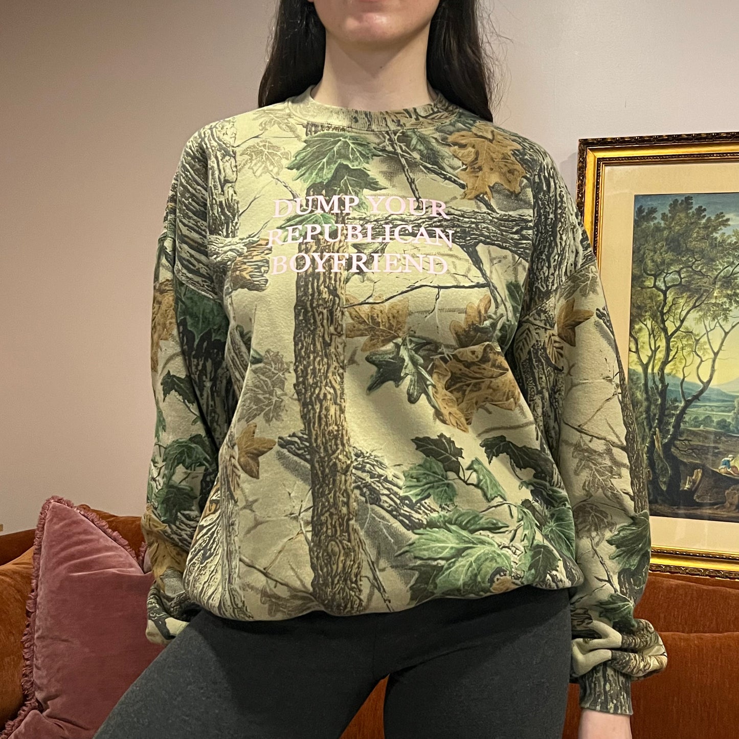DUMP YOUR REPUBLICAN BOYFRIEND camo crewneck with pink text (XL)