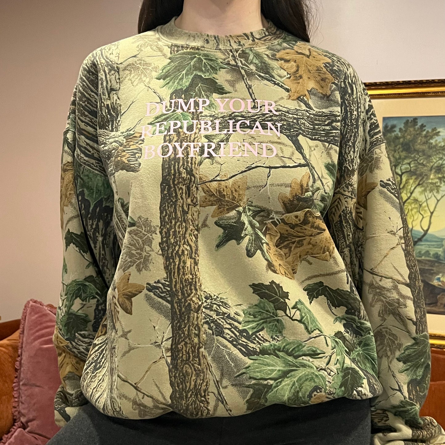 DUMP YOUR REPUBLICAN BOYFRIEND camo crewneck with pink text (XL)