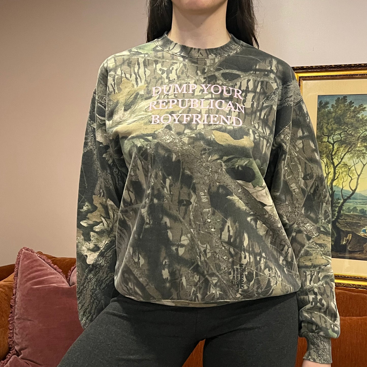 DUMP YOUR REPUBLICAN BOYFRIEND camo crewneck with pink text (M)