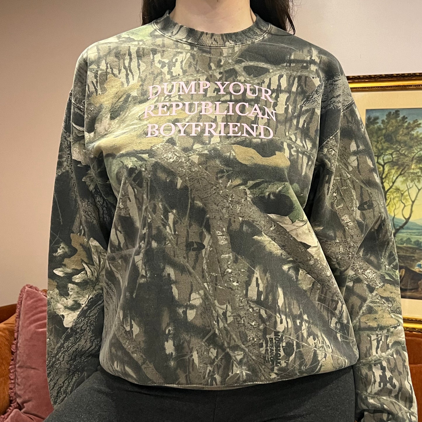 DUMP YOUR REPUBLICAN BOYFRIEND camo crewneck with pink text (M)