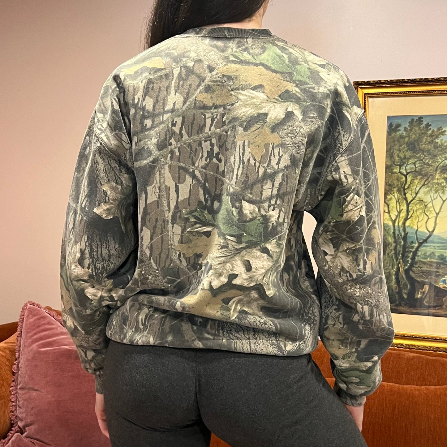 DUMP YOUR REPUBLICAN BOYFRIEND camo crewneck with pink text (M)