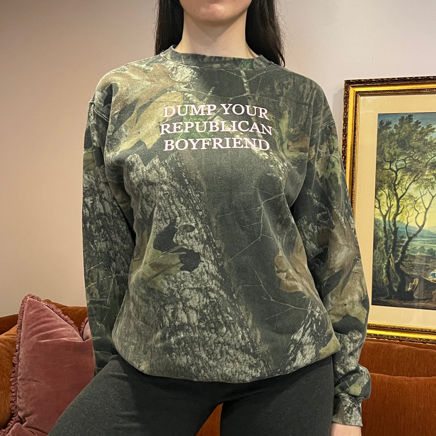 DUMP YOUR REPUBLICAN BOYFRIEND camo crewneck with pink text (M)