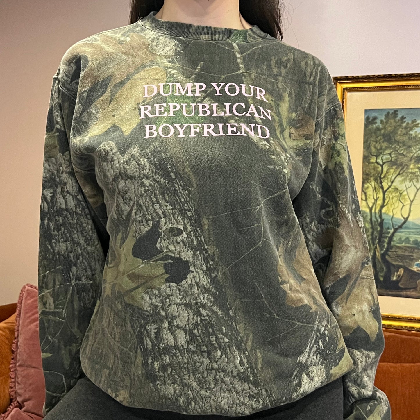 DUMP YOUR REPUBLICAN BOYFRIEND camo crewneck with pink text (M)