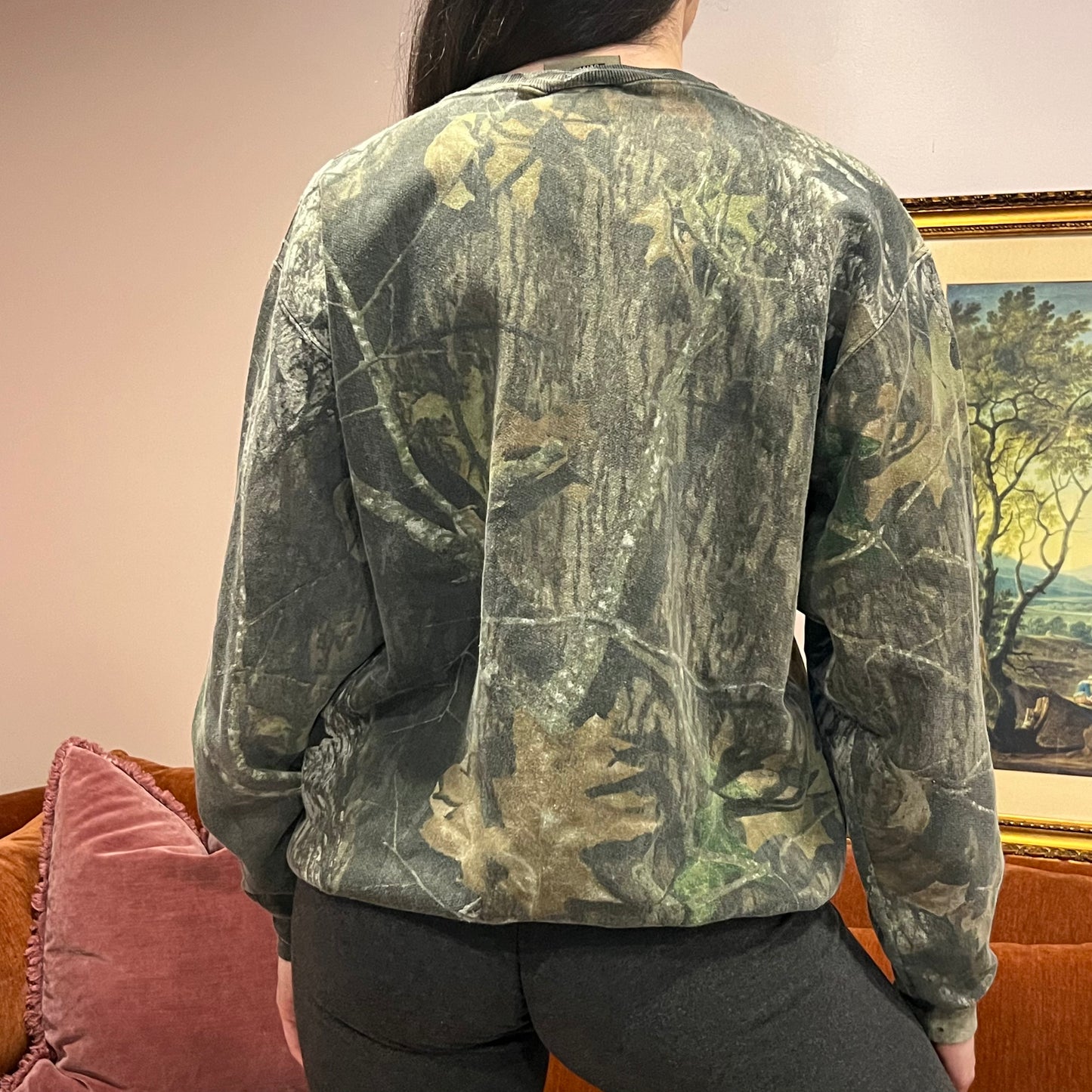 DUMP YOUR REPUBLICAN BOYFRIEND camo crewneck with pink text (M)