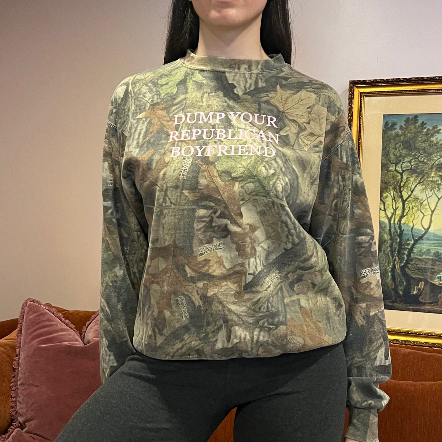 DUMP YOUR REPUBLICAN BOYFRIEND camo crewneck with pink text (M)