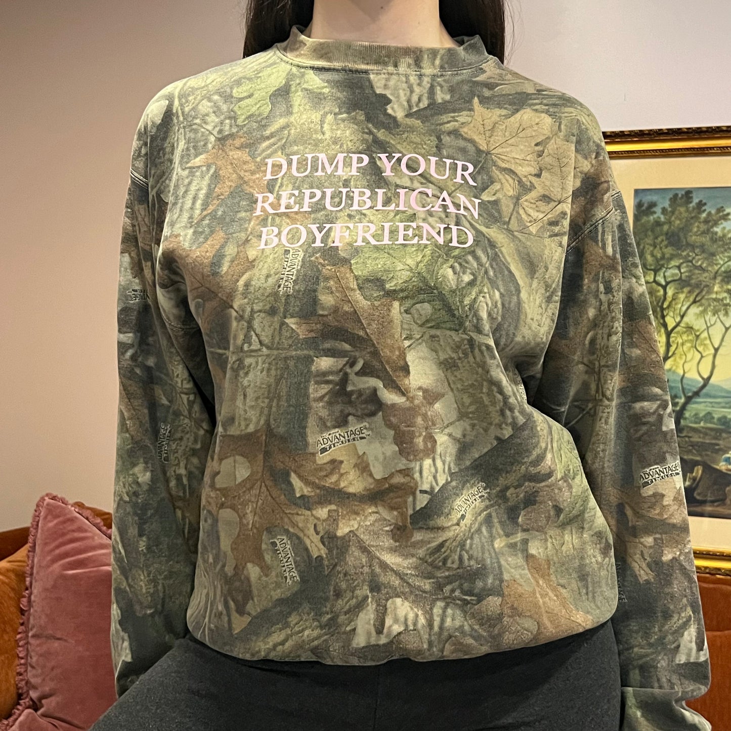 DUMP YOUR REPUBLICAN BOYFRIEND camo crewneck with pink text (M)