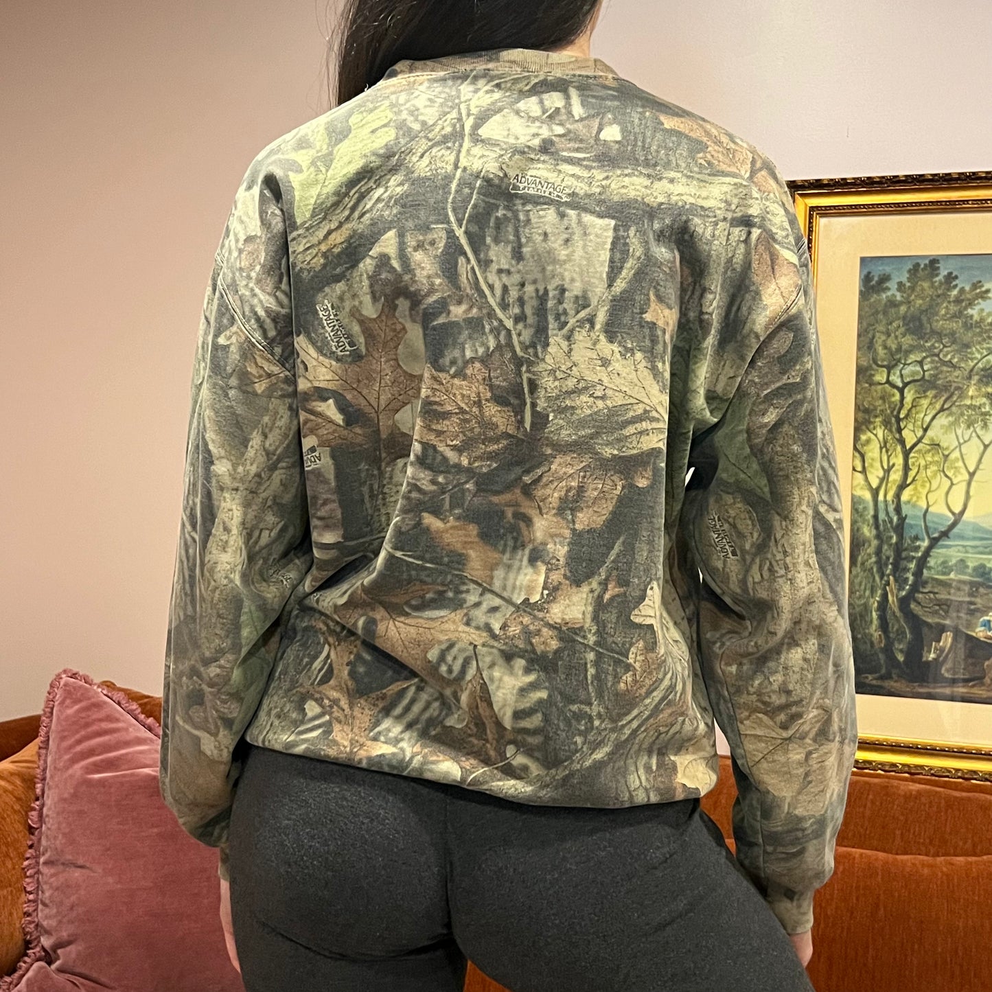 DUMP YOUR REPUBLICAN BOYFRIEND camo crewneck with pink text (M)