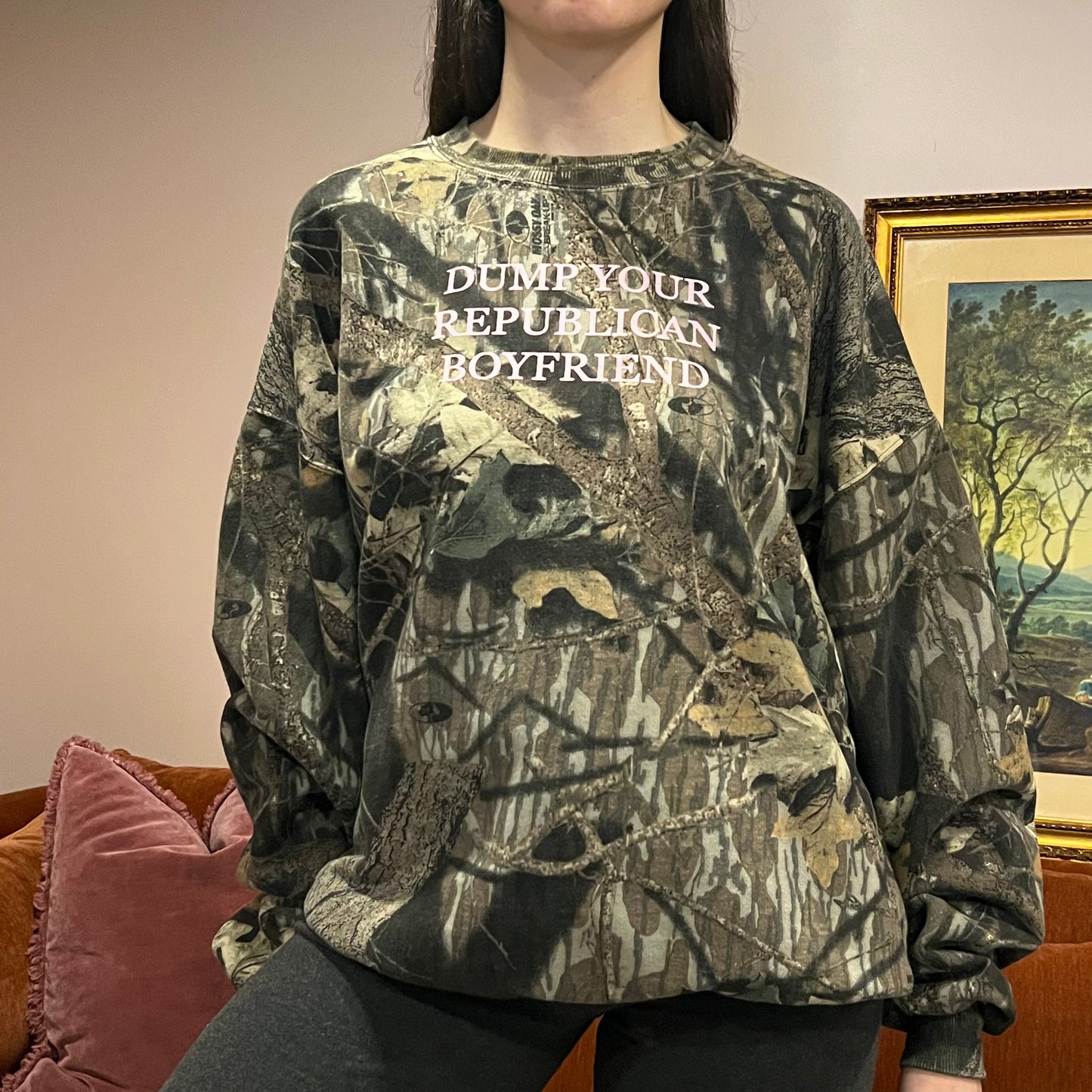 DUMP YOUR REPUBLICAN BOYFRIEND camo crewneck with pink text (2XL)