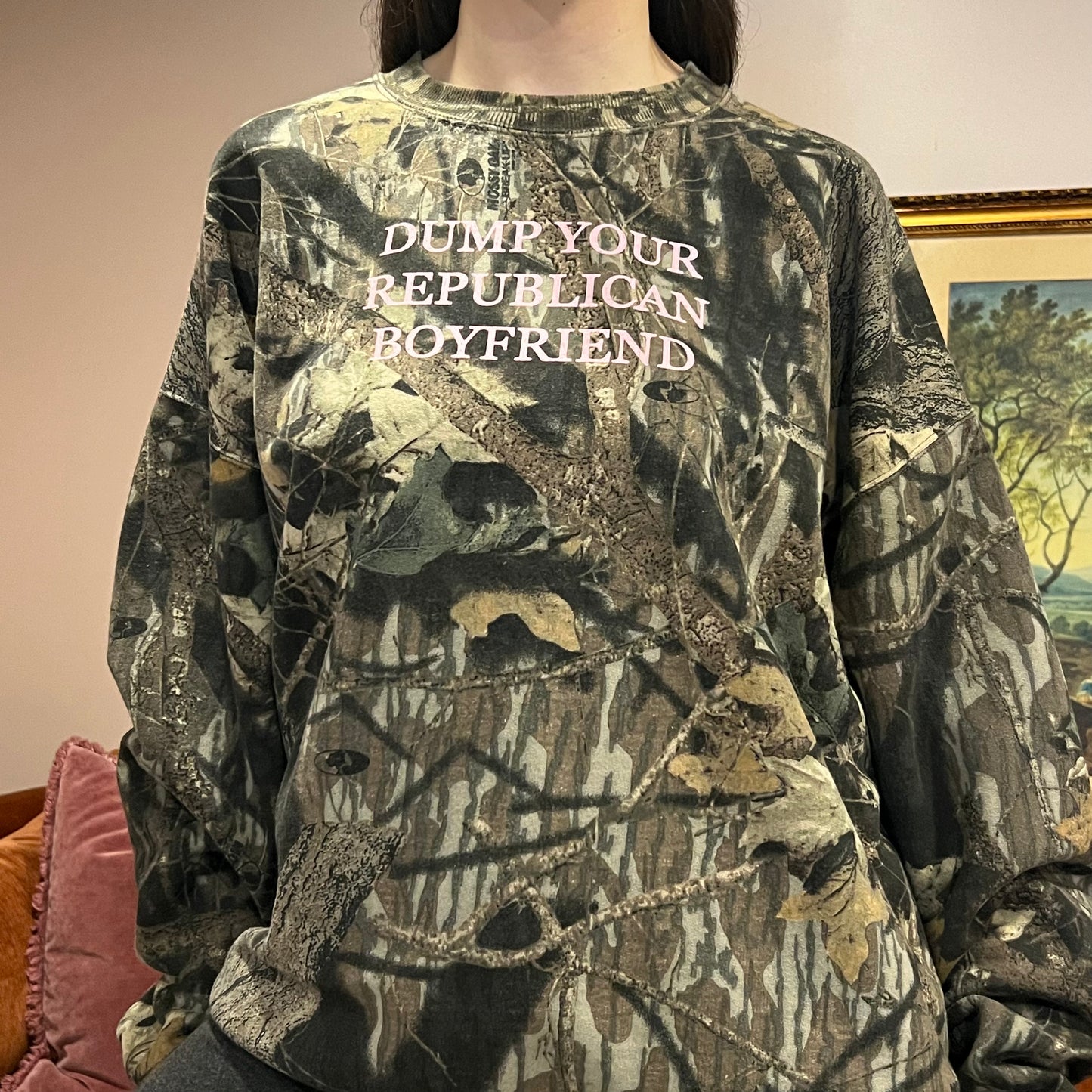 DUMP YOUR REPUBLICAN BOYFRIEND camo crewneck with pink text (2XL)