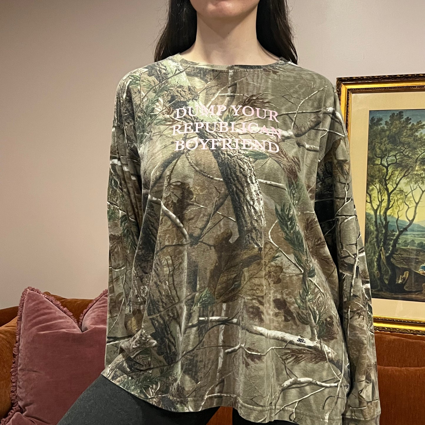DUMP YOUR REPUBLICAN BOYFRIEND camo long sleeve t-shirt with pink text (XL)