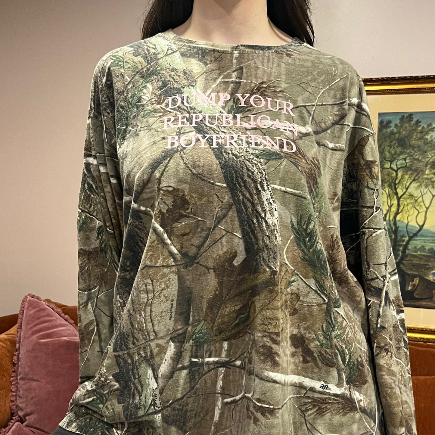 DUMP YOUR REPUBLICAN BOYFRIEND camo long sleeve t-shirt with pink text (XL)