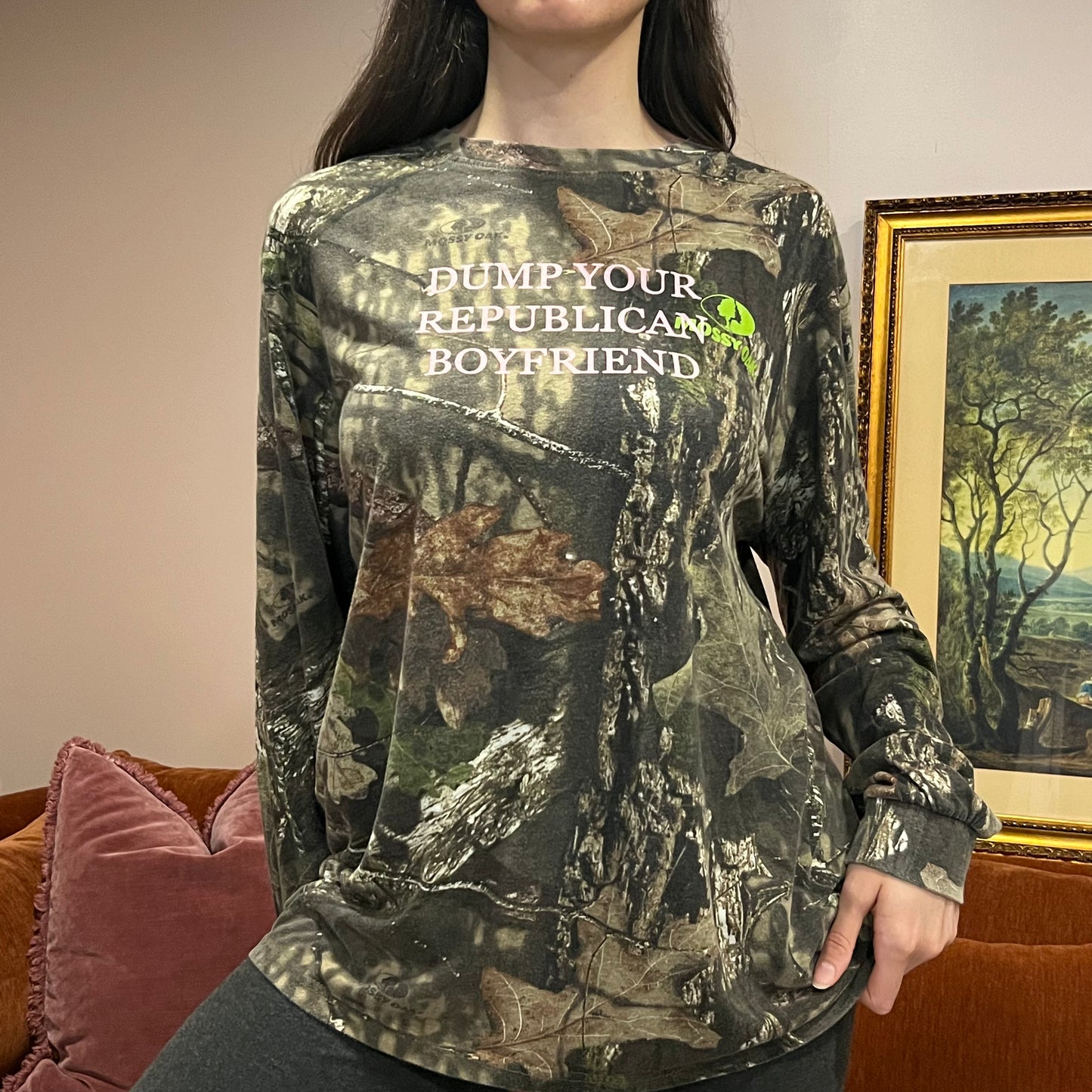 DUMP YOUR REPUBLICAN BOYFRIEND camo long sleeve t-shirt with pink text (XL)