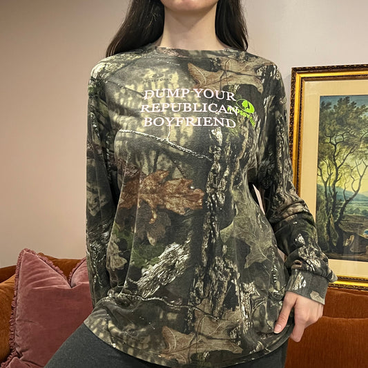 DUMP YOUR REPUBLICAN BOYFRIEND camo long sleeve t-shirt with pink text (XL)
