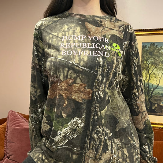 DUMP YOUR REPUBLICAN BOYFRIEND camo long sleeve t-shirt with pink text (XL)
