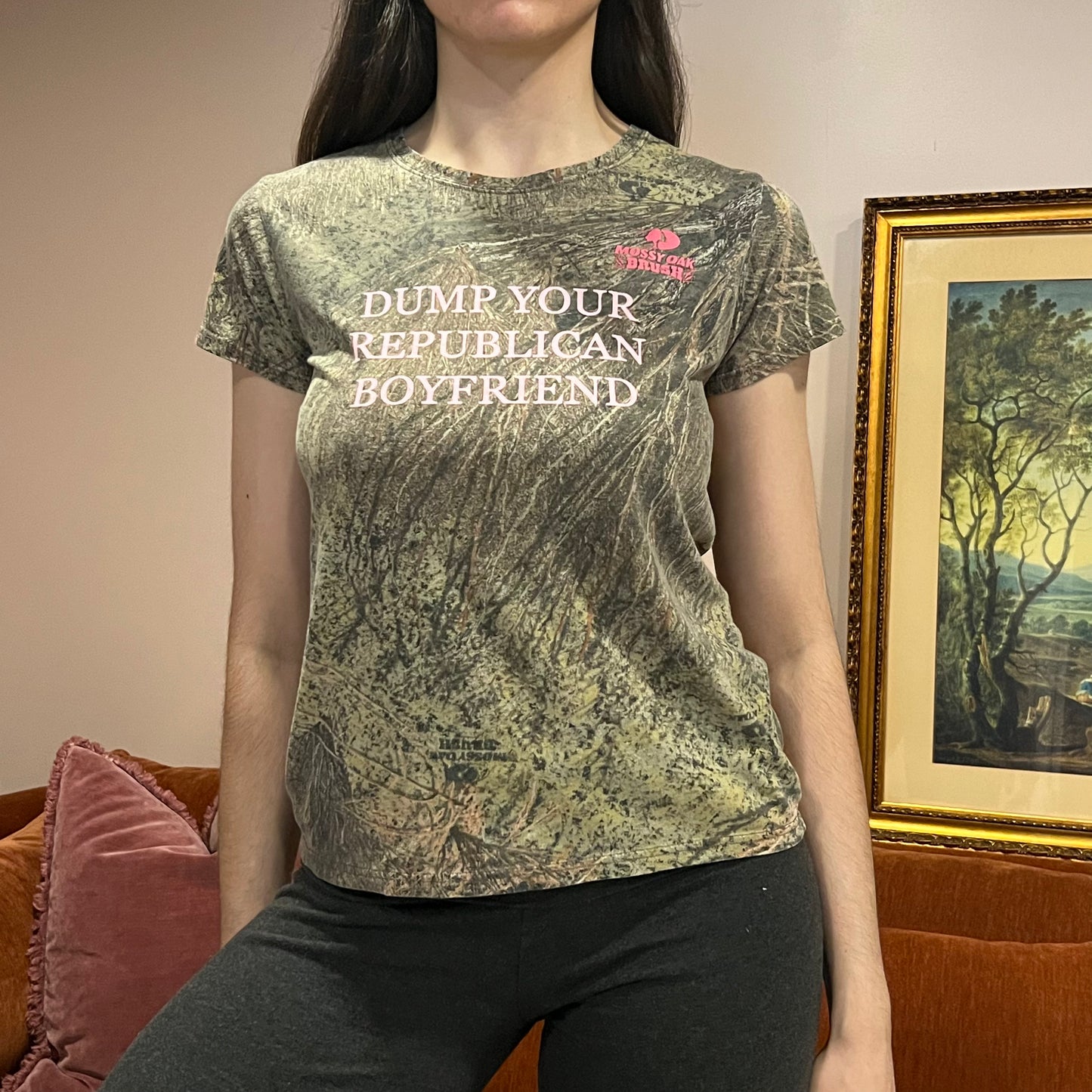DUMP YOUR REPUBLICAN BOYFRIEND camo t-shirt with pink text (M)