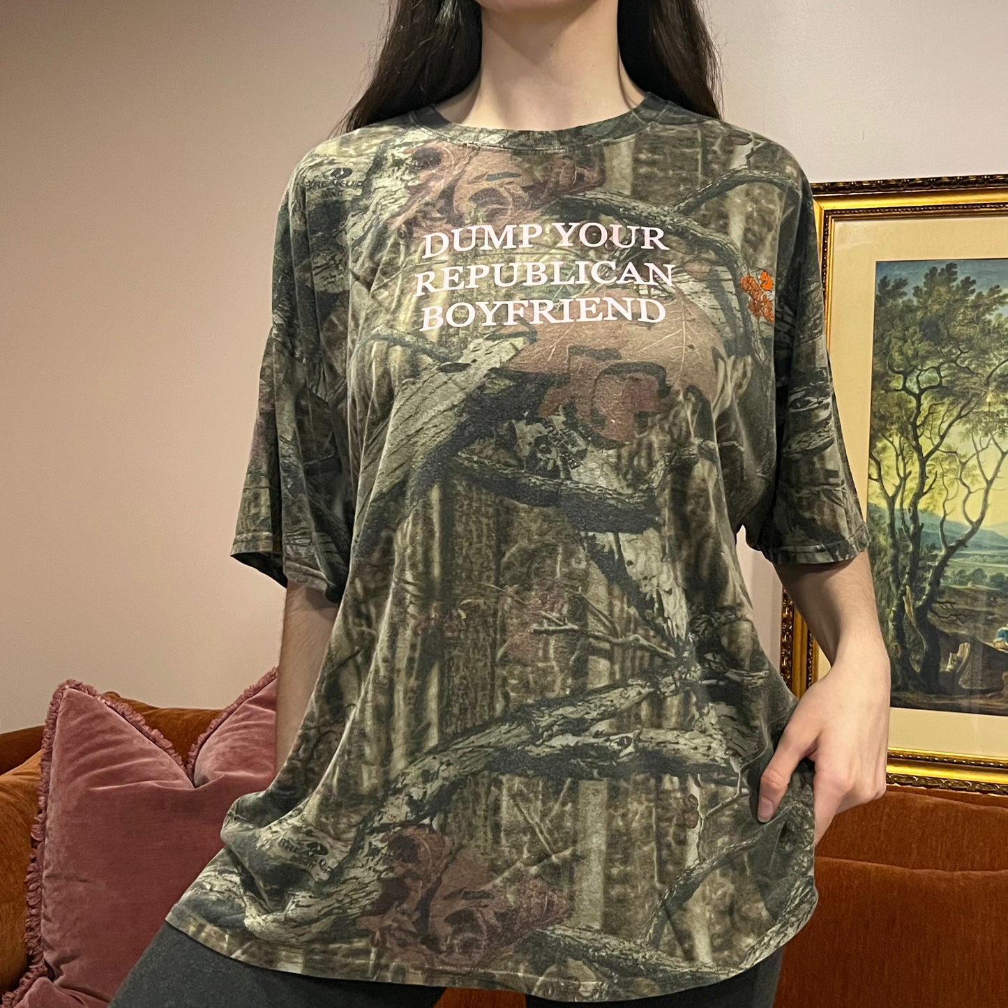 DUMP YOUR REPUBLICAN BOYFRIEND camo t-shirt with pink text (3XL)