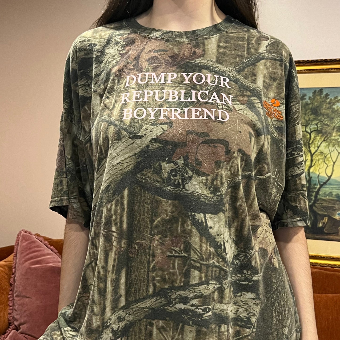 DUMP YOUR REPUBLICAN BOYFRIEND camo t-shirt with pink text (3XL)
