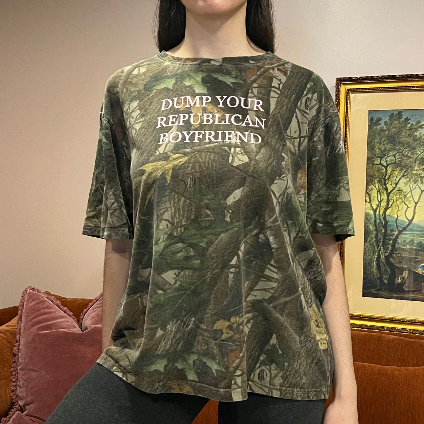 DUMP YOUR REPUBLICAN BOYFRIEND camo t-shirt with pink text (XL)