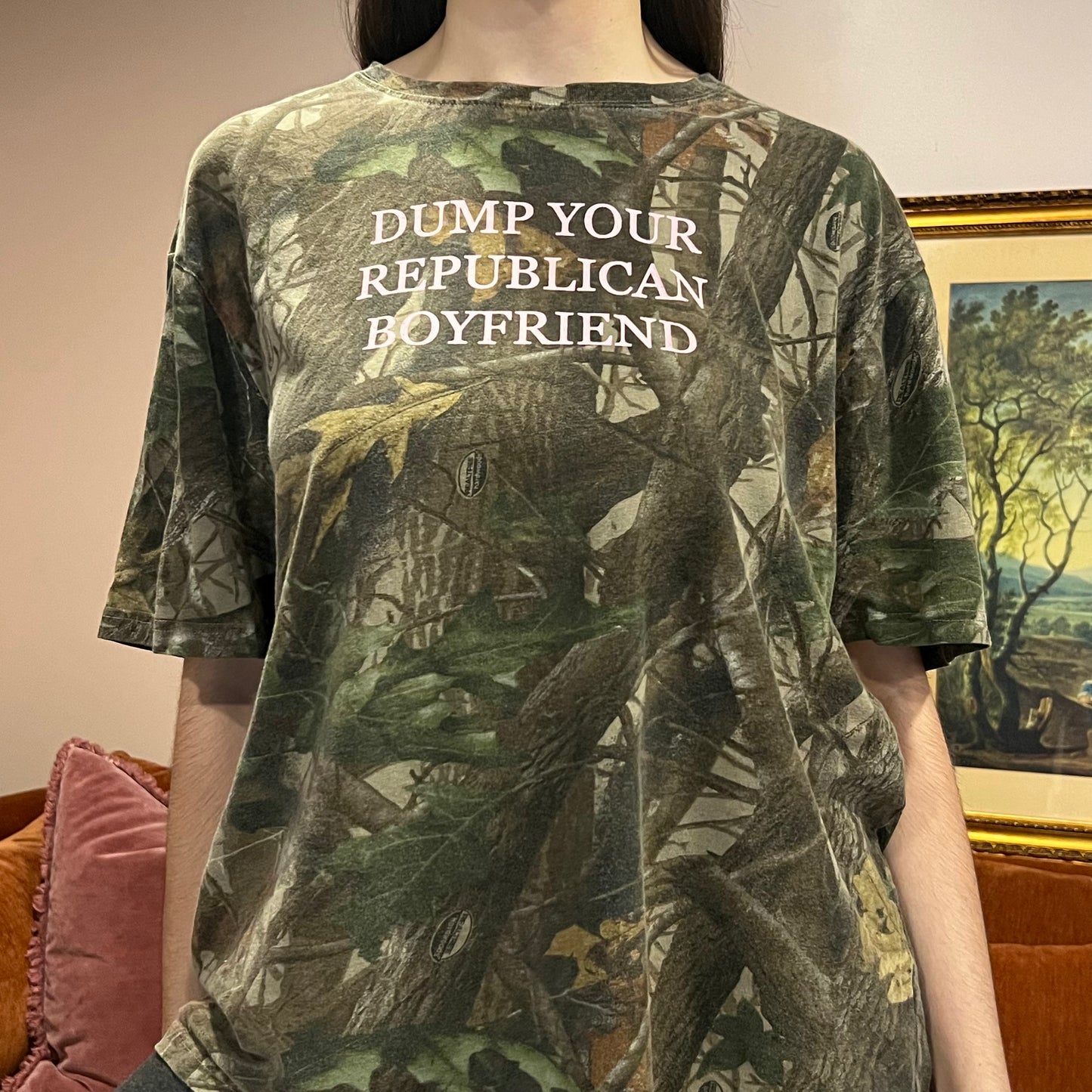 DUMP YOUR REPUBLICAN BOYFRIEND camo t-shirt with pink text (XL)