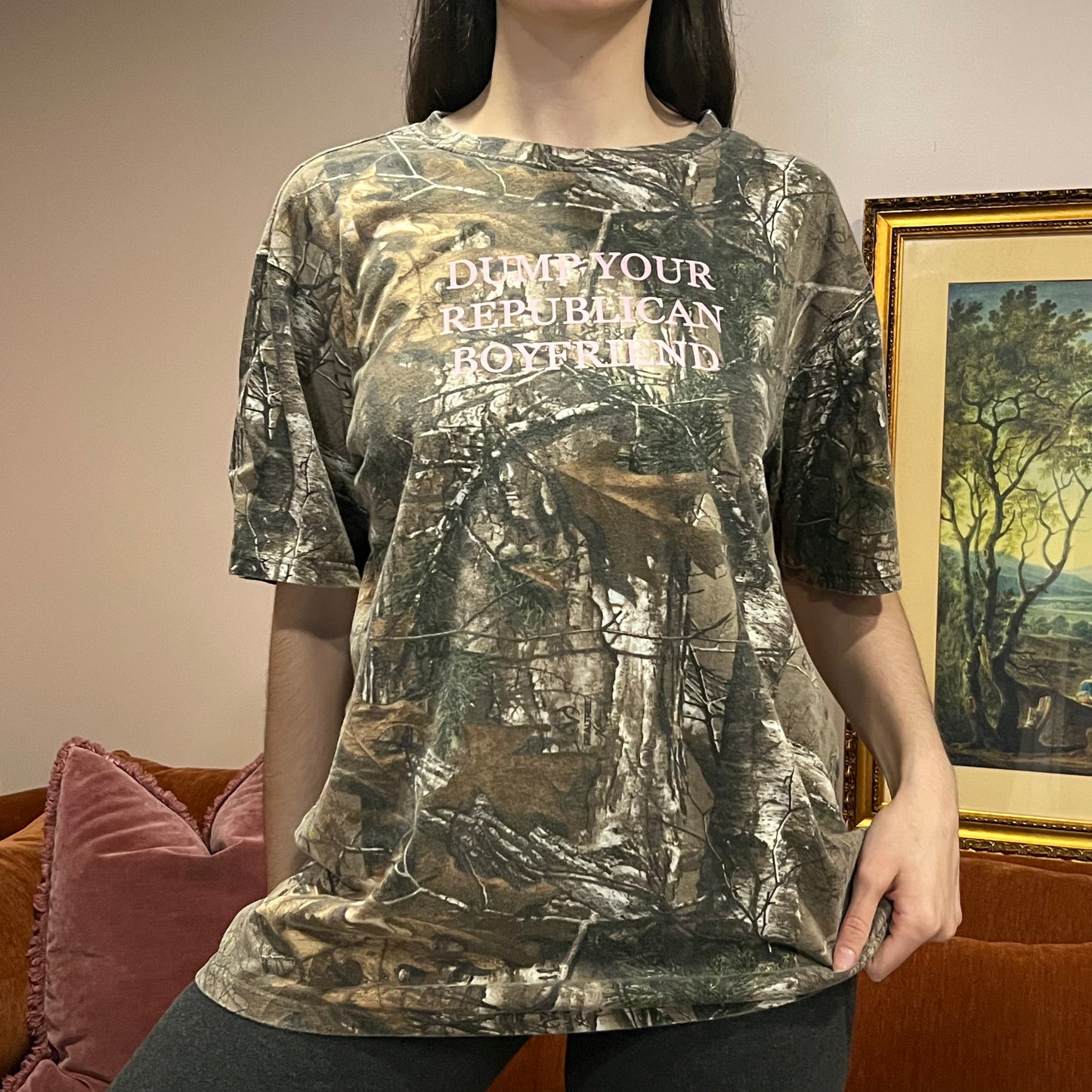 DUMP YOUR REPUBLICAN BOYFRIEND camo t-shirt with pink text (XL)